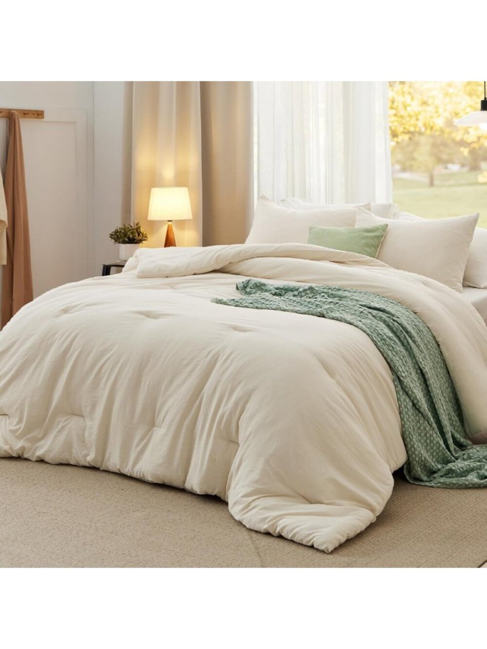 Oversized Queen Comforter Set - 3 Piece Prewashed Bedding in Cream, 98"x98